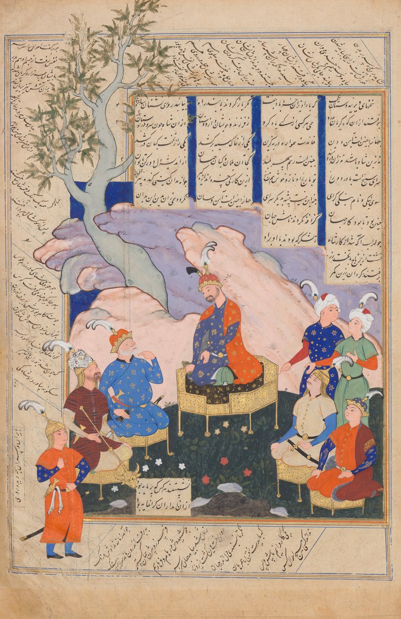 Luhrasp hører fra de tilbagevendende paladiner i den forsvindende Kai Khusrau, Folio ..., 1576-77. af Siyavush