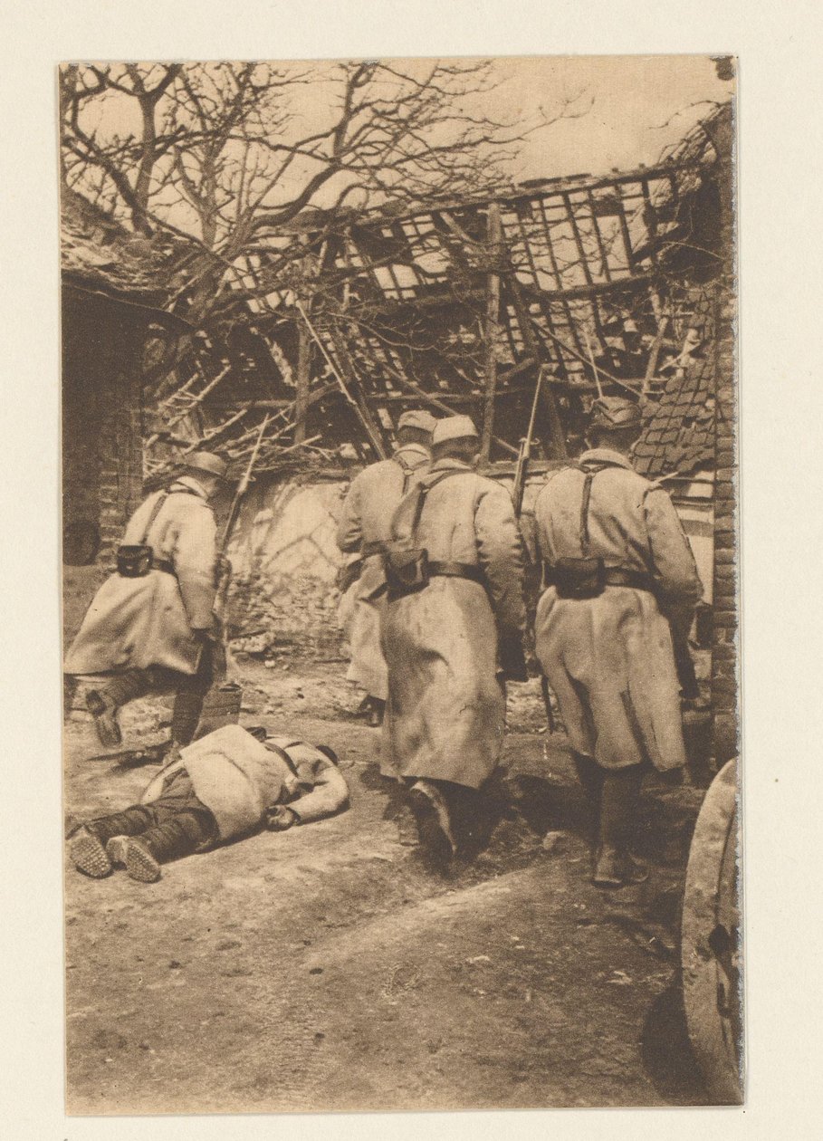 Slaget ved Arras (9. maj til juni) var ekstremt blodigt for tyskerne. (...) Her er en episode af erobringen af ​​Neuville (...) (titel på objekt) 12 cartes postales illustrées de la Grande Guerre / Pochette No 2 (serietitel på objektet af Sémaphore