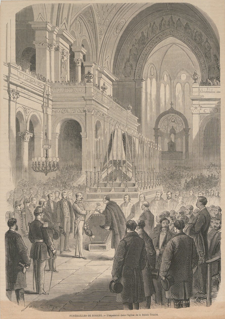 Gioacchino Rossinis begravelse. Indvielsen i Den Hellige Treenigheds Kirke, 1868. af Smeeton and Cie . Cosson