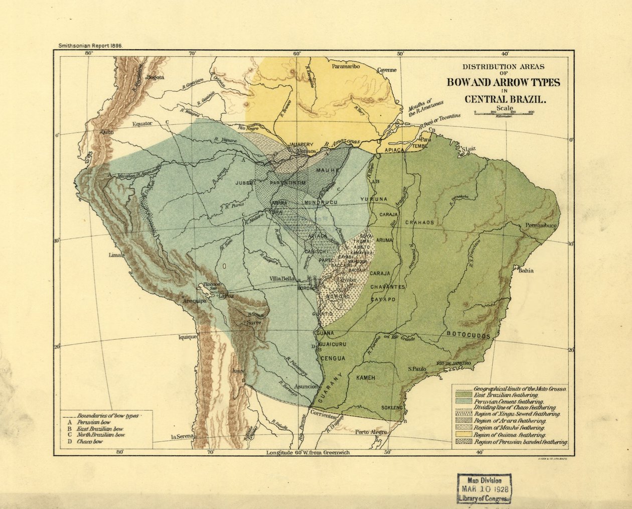 Udbredelsesområder for bue- og piletyper i det centrale Brasilien. LOC 2003627075 af Smithsonian Institution