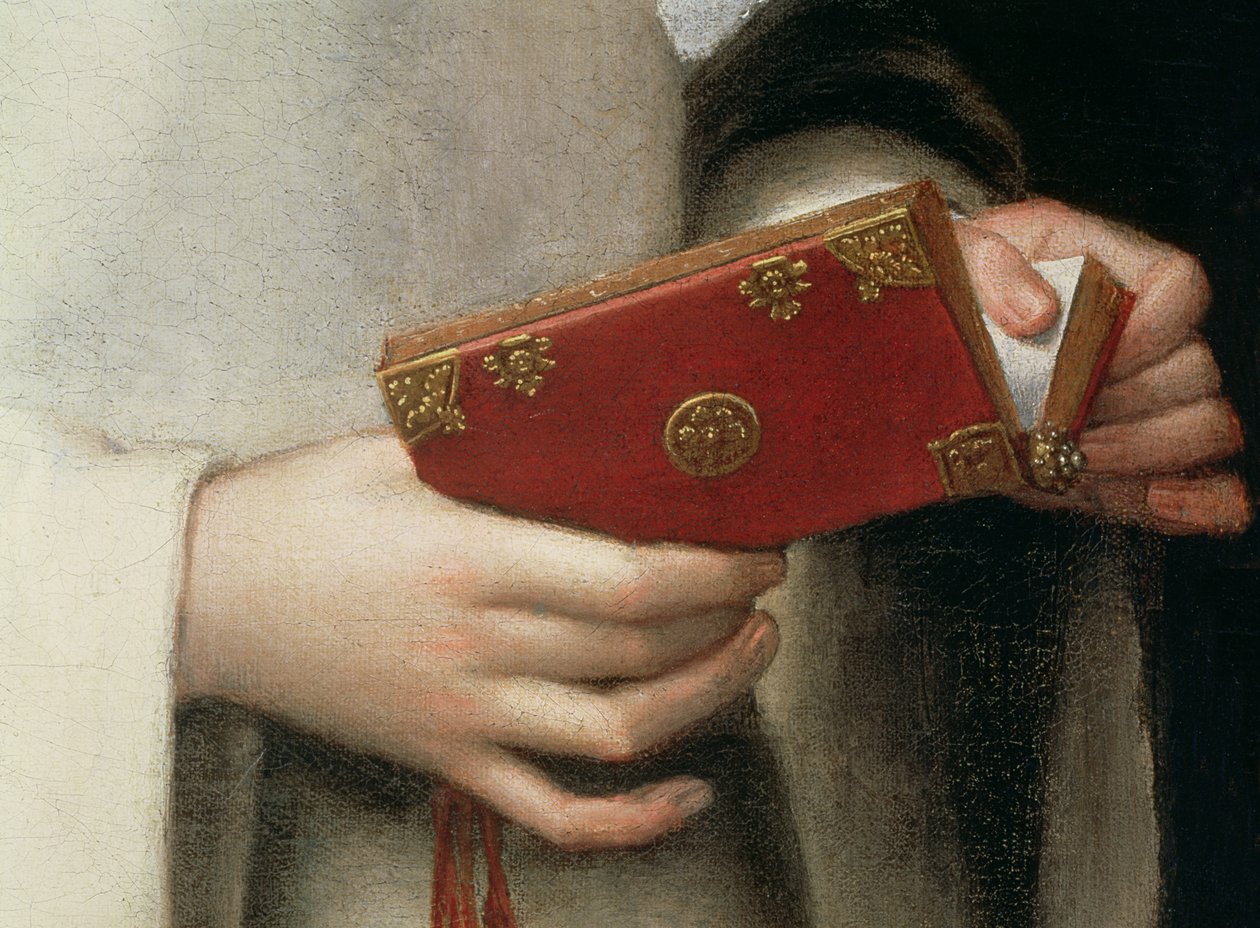 Portræt af kunstnerens søster i klædning af en nonne, detalje af hendes bønnebog (detalje af 79749) af Sofonisba Anguissola