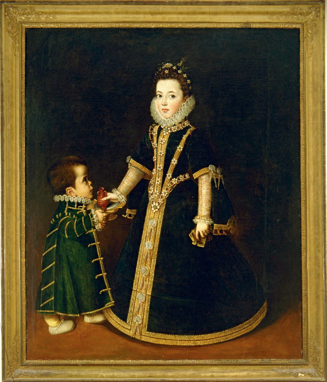 Pige med dværg, menes at være et portræt af Margarida af Savoyen, datter af hertugen og hertuginden af Savoyen ... (maleri på lærred) af Sofonisba Anguissola