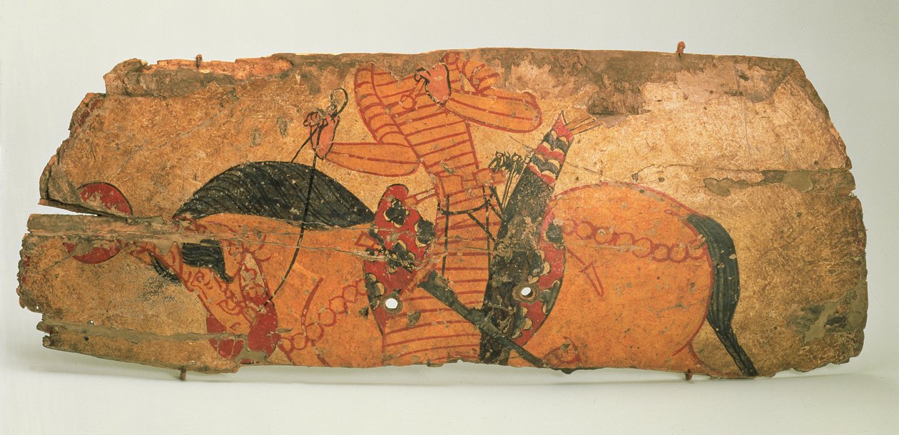 Skjold, fundet i ruinerne af Qalai Mugh (Zoroastriernes Slot), slutningen af det 17.-begyndelsen af det 18. århundrede (træ, læder og maling) af Sogdian Sogdian