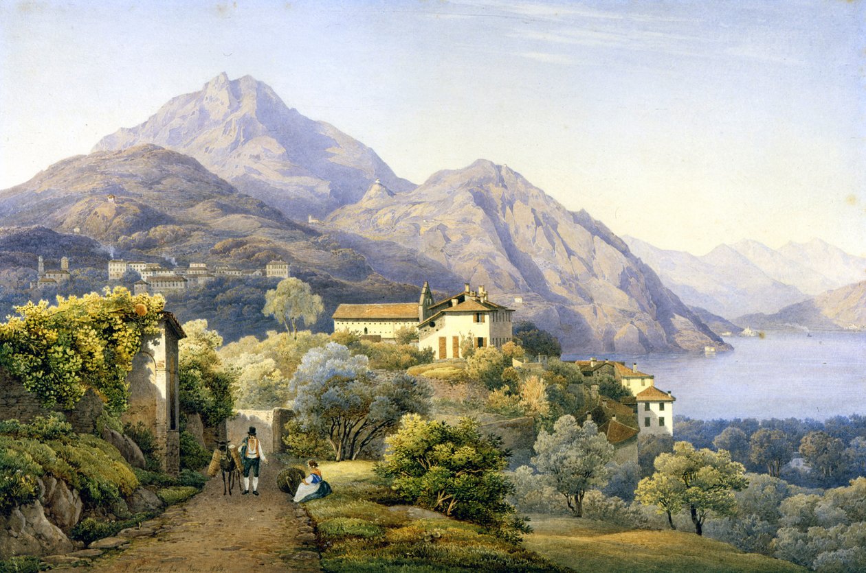 Como. Menaggio. Loveno og Mount Groma. 1840. Maleri af S. Corrodi. Menaggio, Como. . af Solomon Corrodi