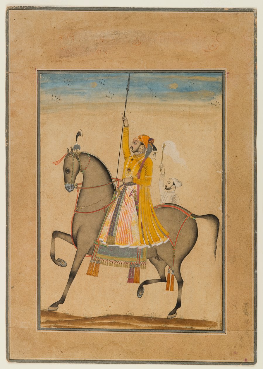 Ridesportræt af Maharaja Sujan Singh af Bikaner, 1747 (ugennemsigtigt wc, sølv og guld på papir) af Son of Muhammad attr. to Kasam