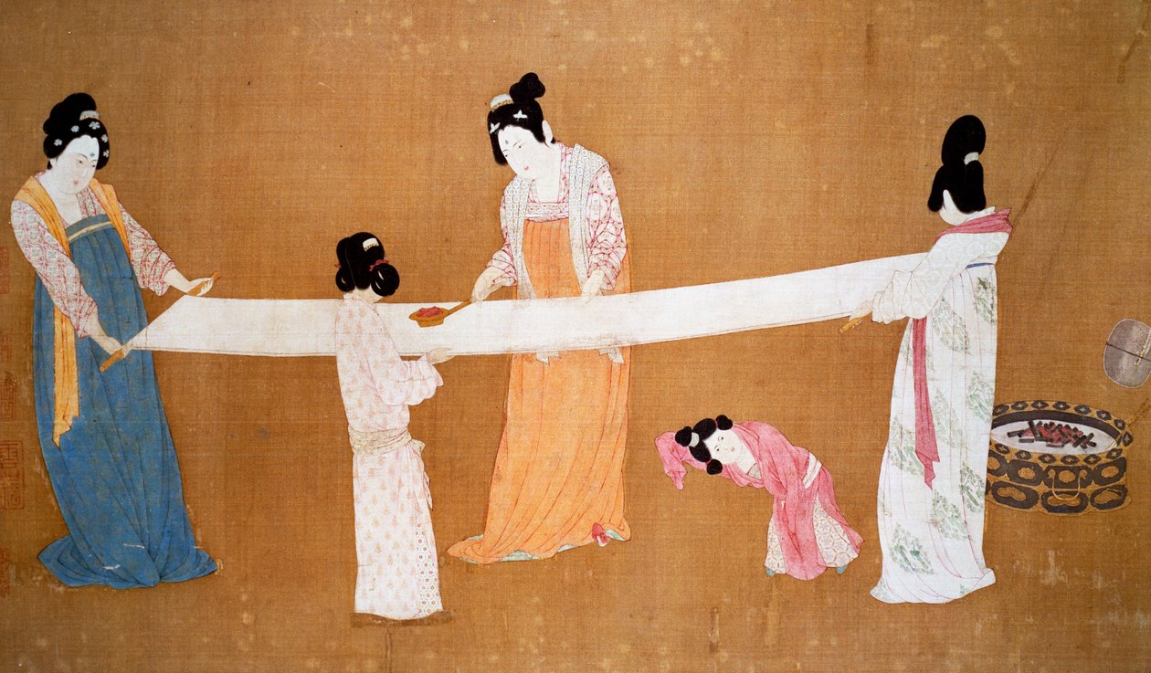 Damer forbereder den nyvævede silke, maleri tilskrevet kejser Hui-Tsung, Song-dynastiet, Kina af Song Dynasty Chinese School