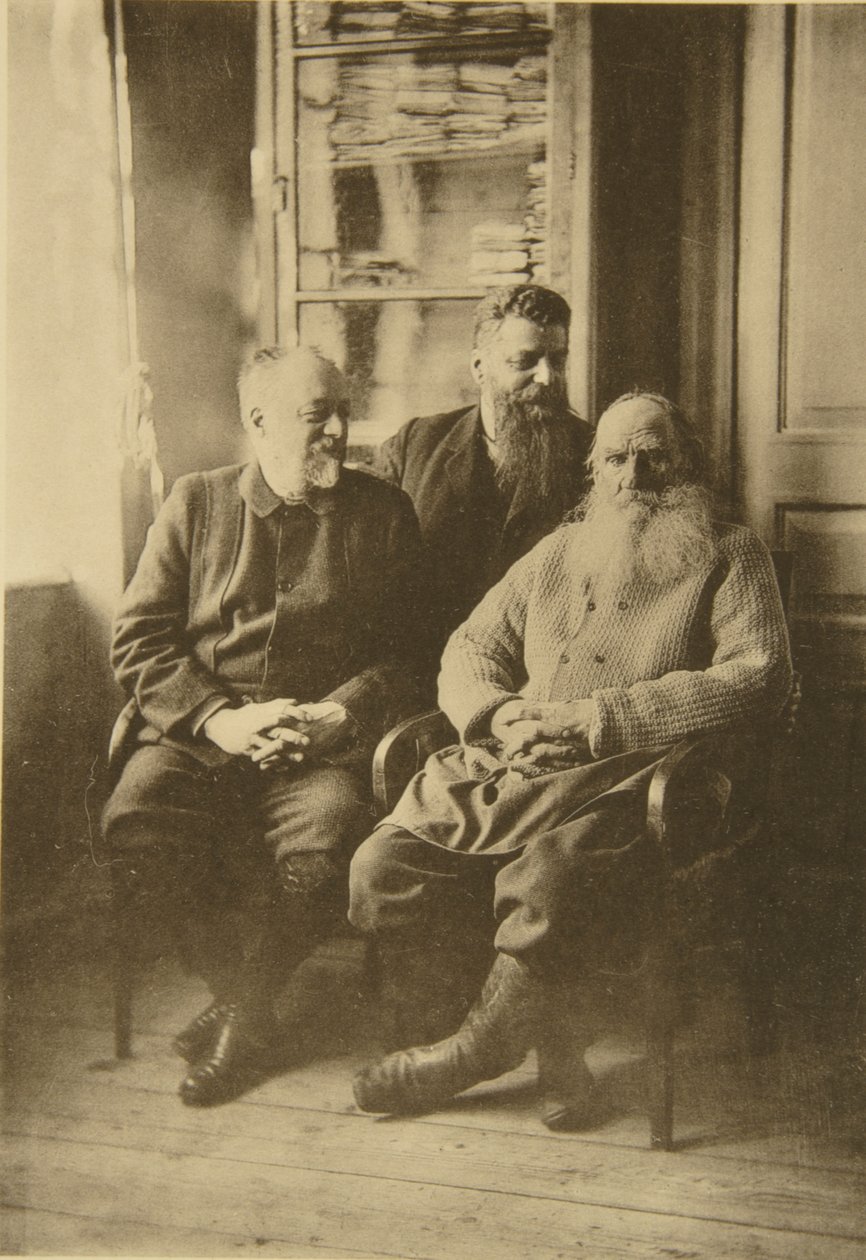Den russiske forfatter Leo Tolstoy med politikeren Mikhail Stakhovich og Mikhail Sukhotin, Rusland, 1900-tallet af Sophia Andreevna Tolstaya