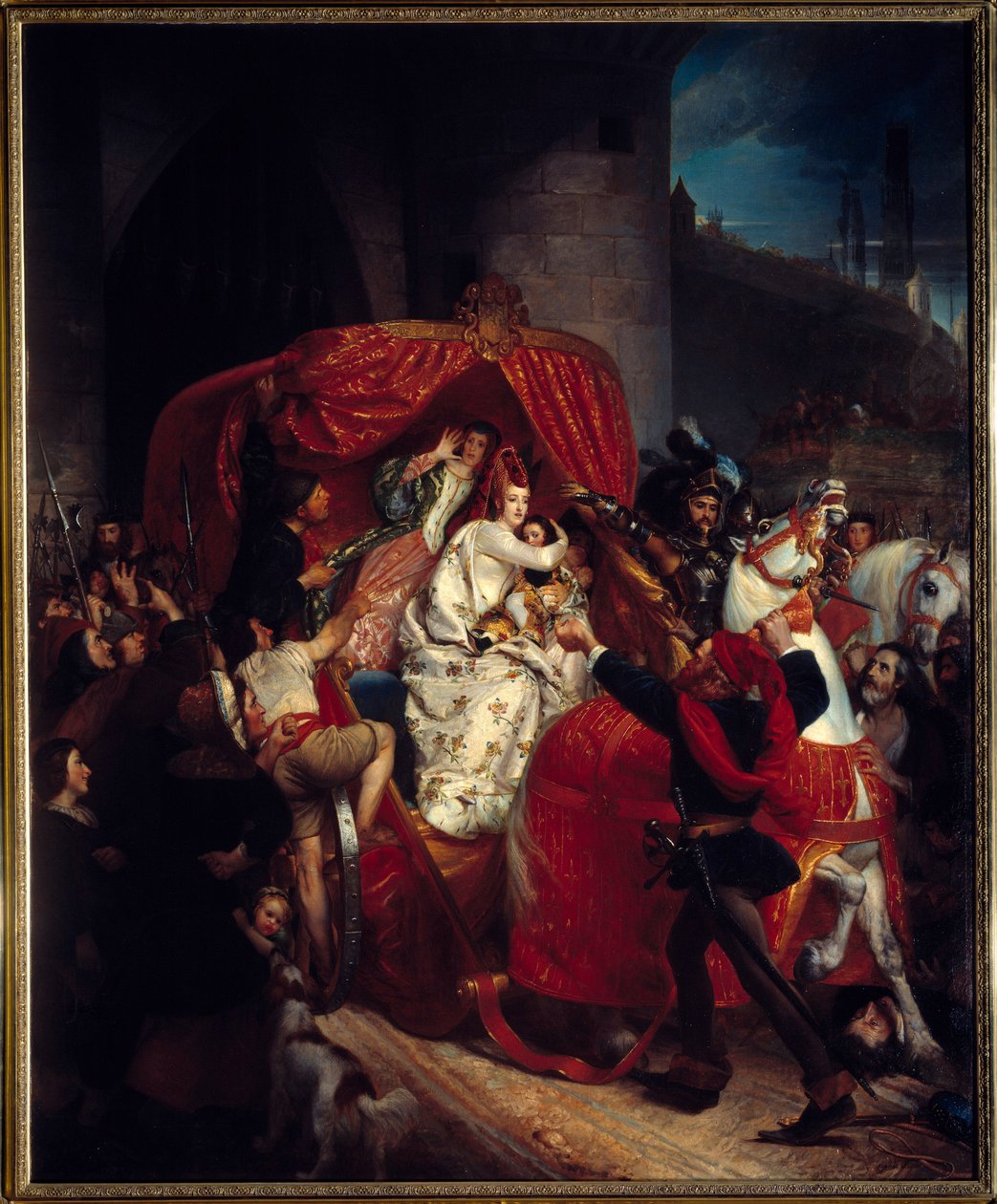 Brugge-oprøret i 1436: ""Hertuginden af Bourgogne ved portene til Brugge""" Isabella af Portugal (1397-1471) blev arresteret sammen med sin søn Karl Temerary under fæstningsværket. Maleri af Sophie Rude (1797-1867) 1841 søn. 1,84x1,5 m Dijon, Museum of F af Sophie Rude