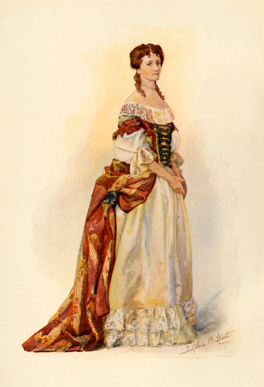 Kjole af rød brokade båret i Barbados-kolonien c1685, 1903, 1937. af Sophie B. Steel
