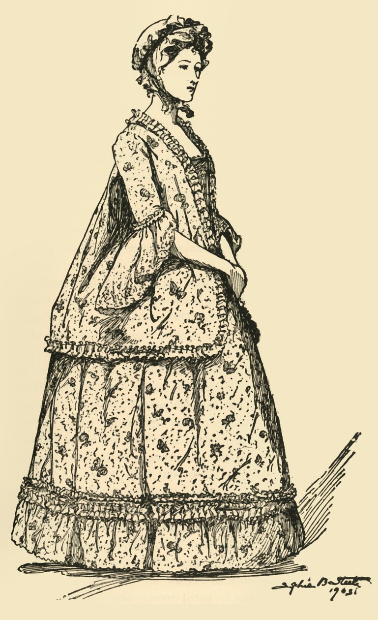 Billede af en kort Watteau-sæk båret over en underkjole, c1750-1800, 1903, 1937. af Sophie B. Steel