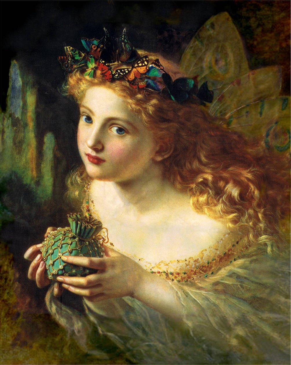 Tag en kvindes smukke ansigt, og hæng det forsigtigt op med sommerfugle, blomster og juveler, så din fe er lavet af de smukkeste ting. af Sophie Gengembre Anderson