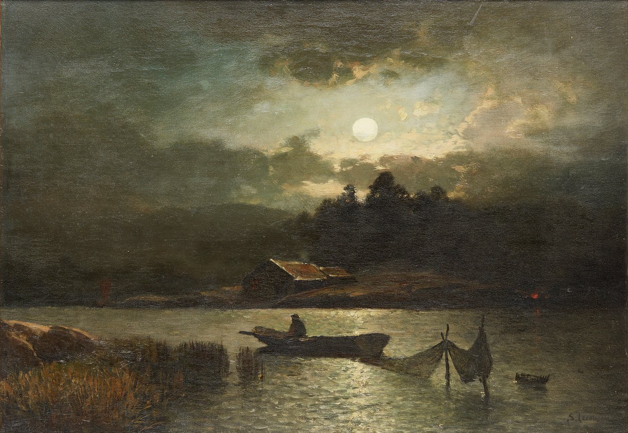 Fiskeri med net ved måneskin (olie på lærred) af Sophus Jacobsen