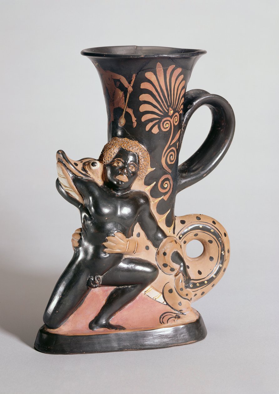 Horn-formet Rhyton med rød figur, der forestiller en krokodille, der angriber en nubisk, græsk, ca. 350 f.Kr. (ler) af Sotades