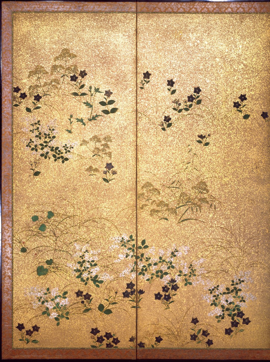 Efterårsgræsser, detaljer fra et par foldeskærme med seks paneler, Edo Period (wc & bladguld på papir) af Sotatsu Hokkoyo Sotatsu Hokkoyo