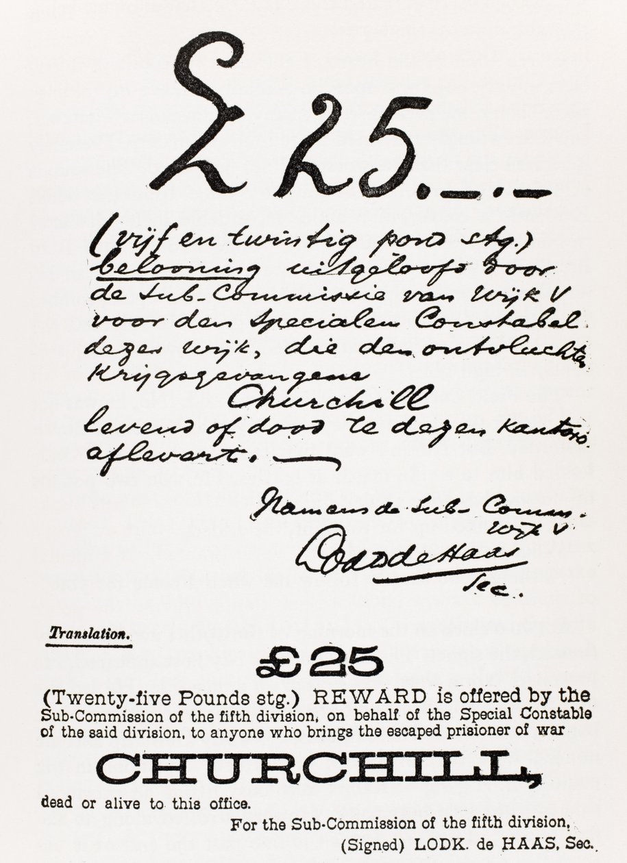 Efterlysningsplakat for undsluppet krigsfange Churchill, fra "A Roving Commission by Winston S. Churchill", udgivet af Scribner