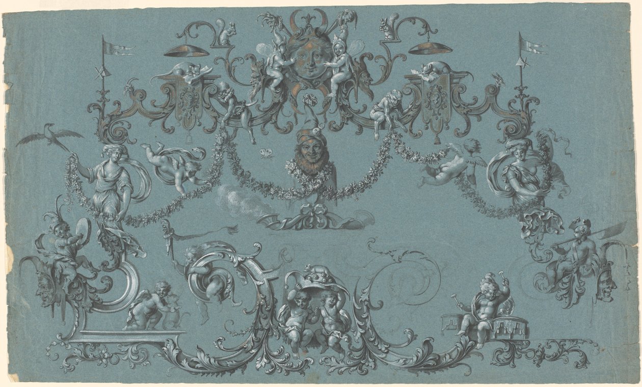Arabesques med boltrede Putti, dyr og gøglere af South German 18th Century