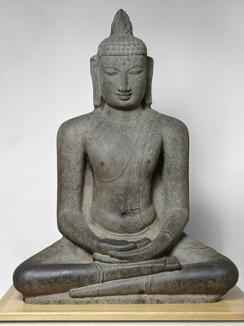 Buddha Shakyamuni siddende i meditation (Dhyanamudra), Chola-periode, ca. 1100-tallet (granit) af South Indian School