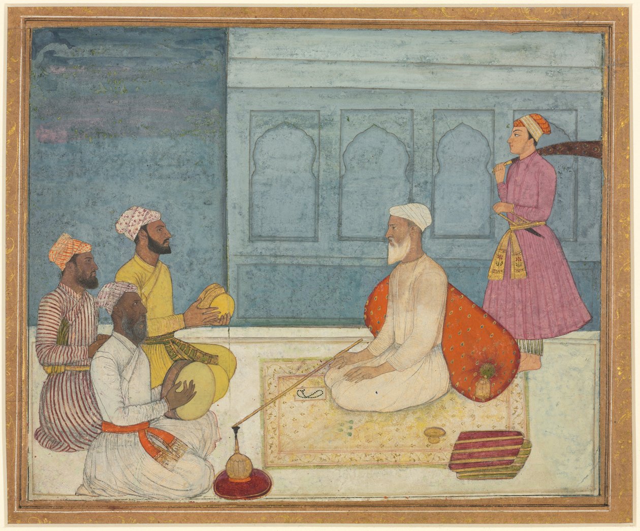 Sultan og musikere, ca. 1650 (uigennemsigtig akvarel og guld på papir) af South Indian School