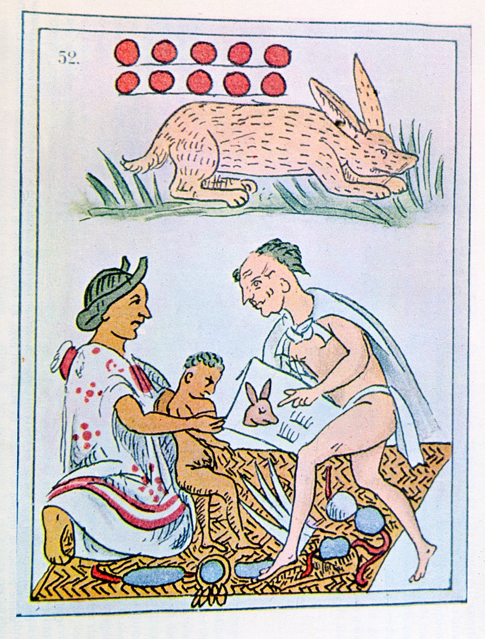 Faksimile af en side i en historisk florentinsk kodeks, der viser en mor, der lytter til forudsigelser om sin søn, født den 10. kanin (farvelitografi) af Spanish Colonial