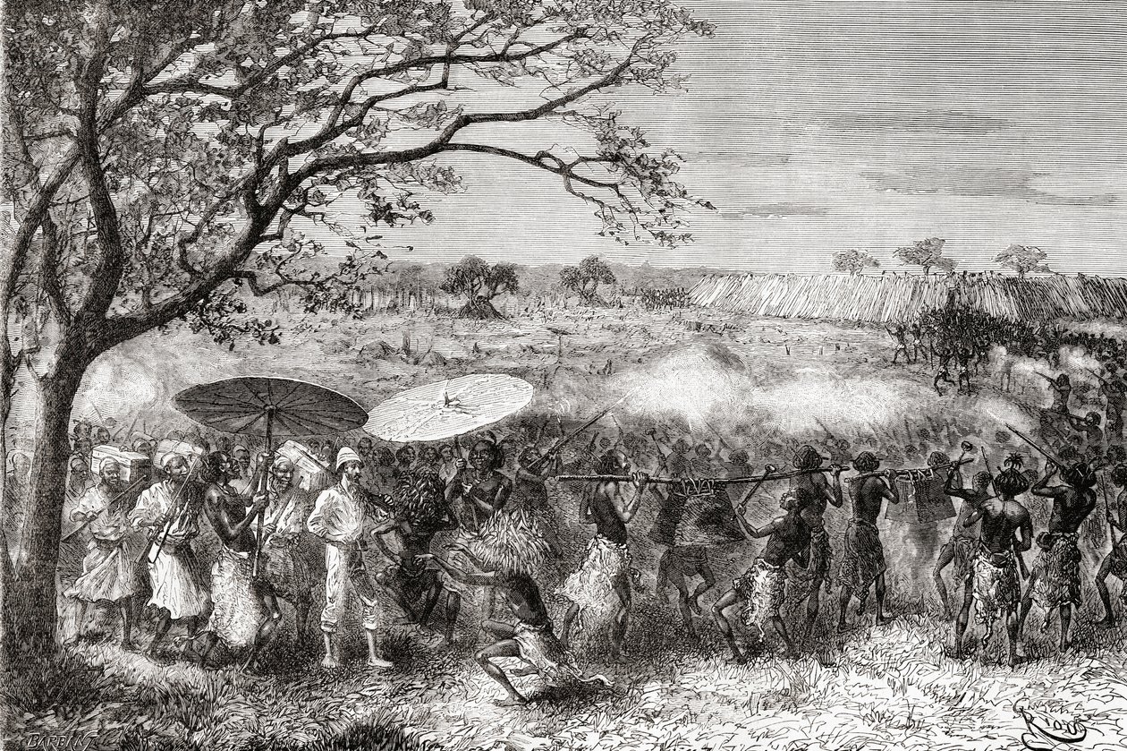 En congolesisk stamme ledsager opdagelsesrejsende Pietro Paolo Savorgnan di Brazza og hans ekspedition til deres landsby, fra 