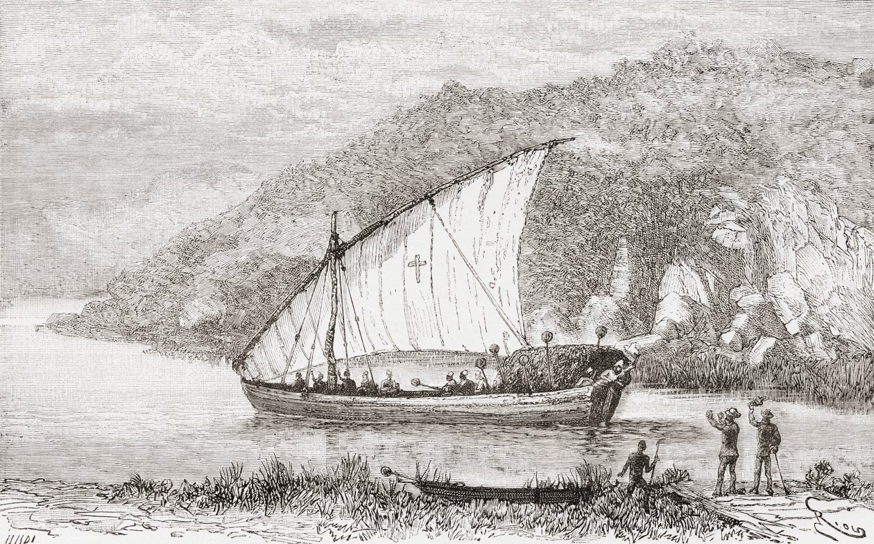 En dhow på Congofloden i det 19. århundrede, fra "Africa Pintoresca", udgivet i 1888 af Spanish School