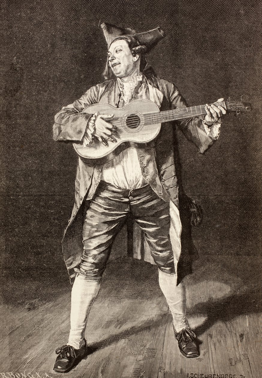 En musiker fra det 18. århundrede, efter en tegning af L. Scheurenberg, fra "La Ilustracion Espanola y Americana" fra 1881 af Spanish School