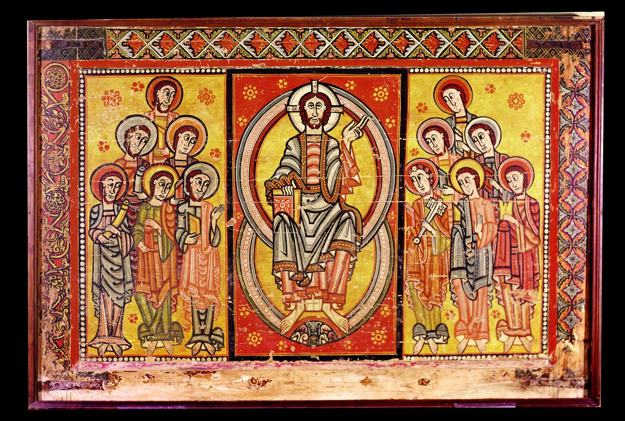 Kristus i majestæt omgivet af de tolv apostle (tempera på panel) af Spanish School