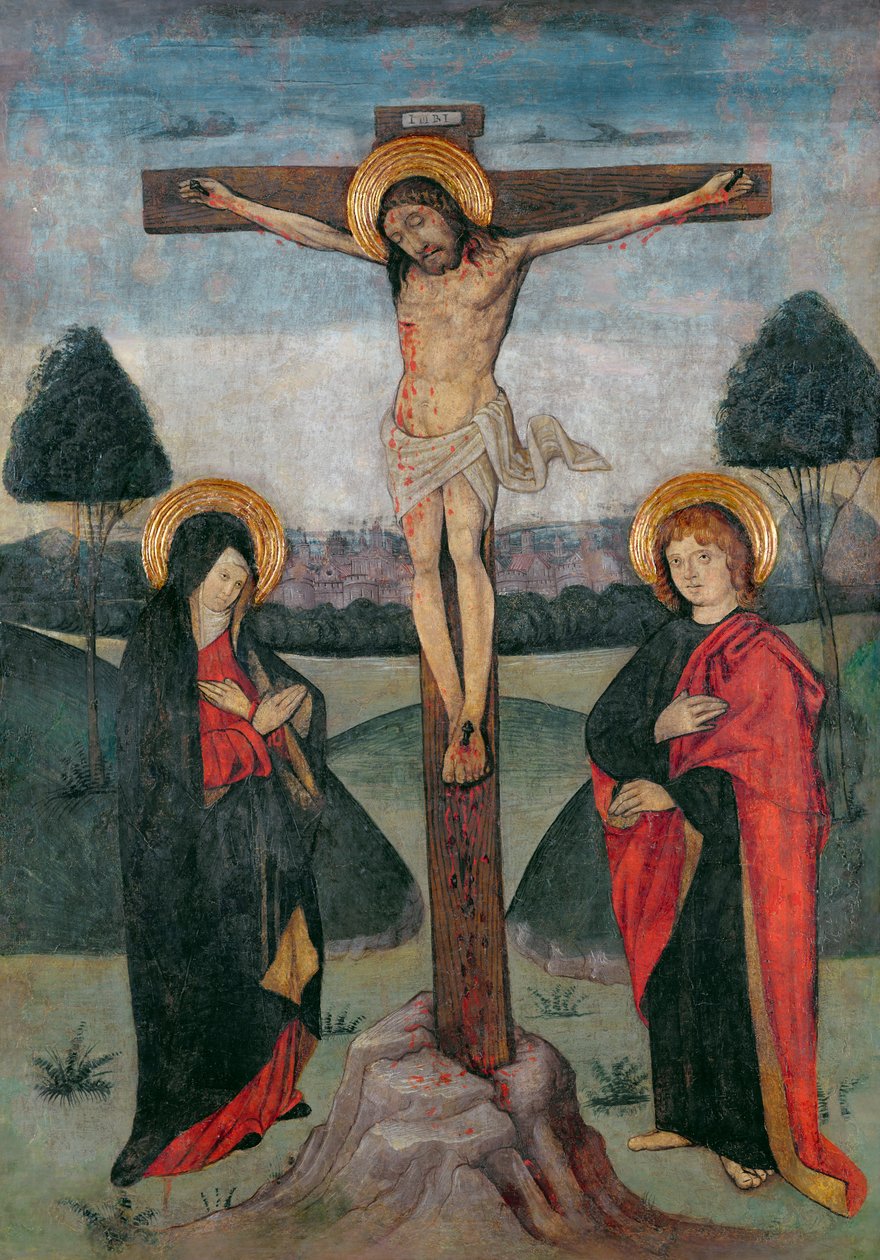 Kristus på korset mellem jomfruen og Johannes (tempera på panel) af Spanish School