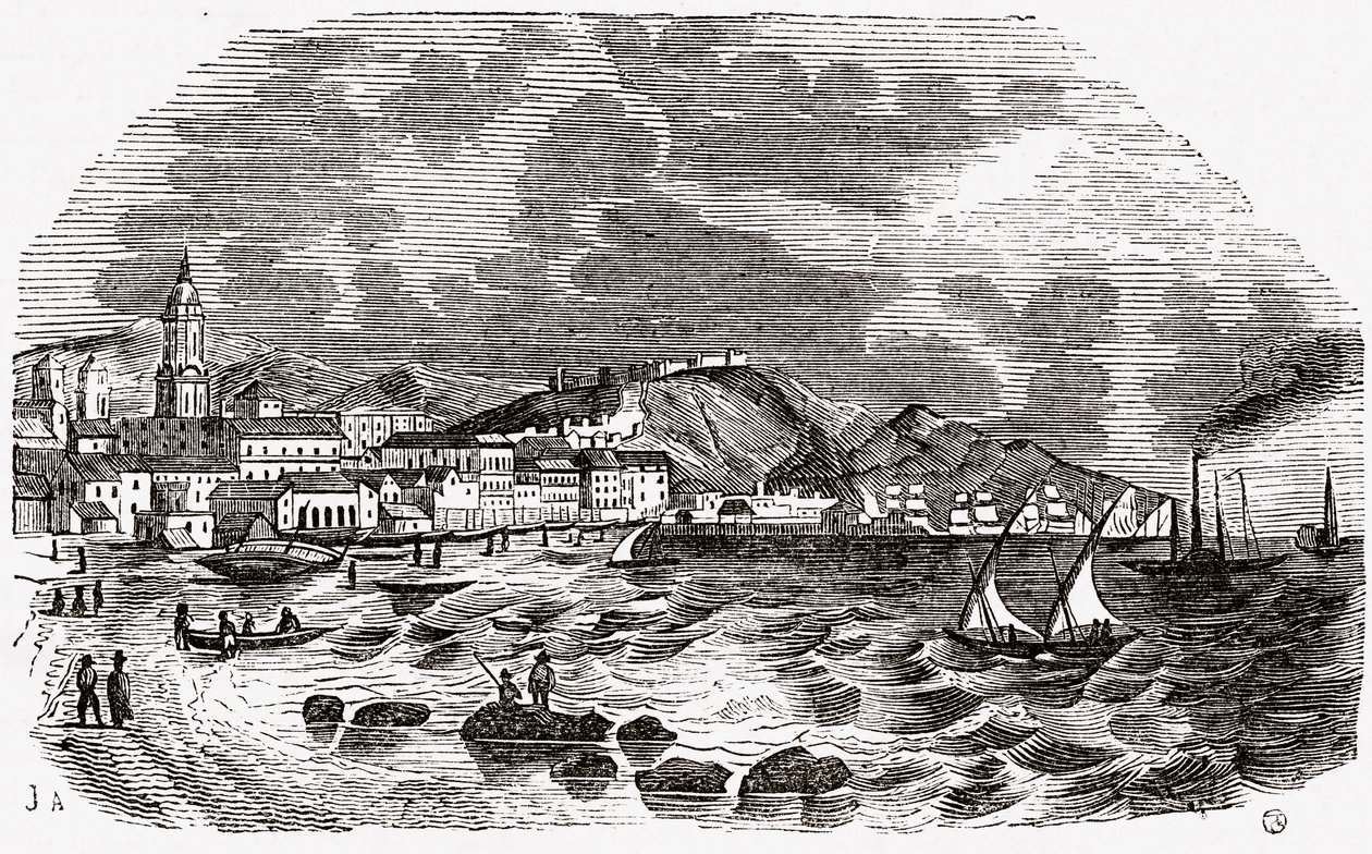 By og havn i Malaga, Spanien, midten af 1800-tallet af Spanish School
