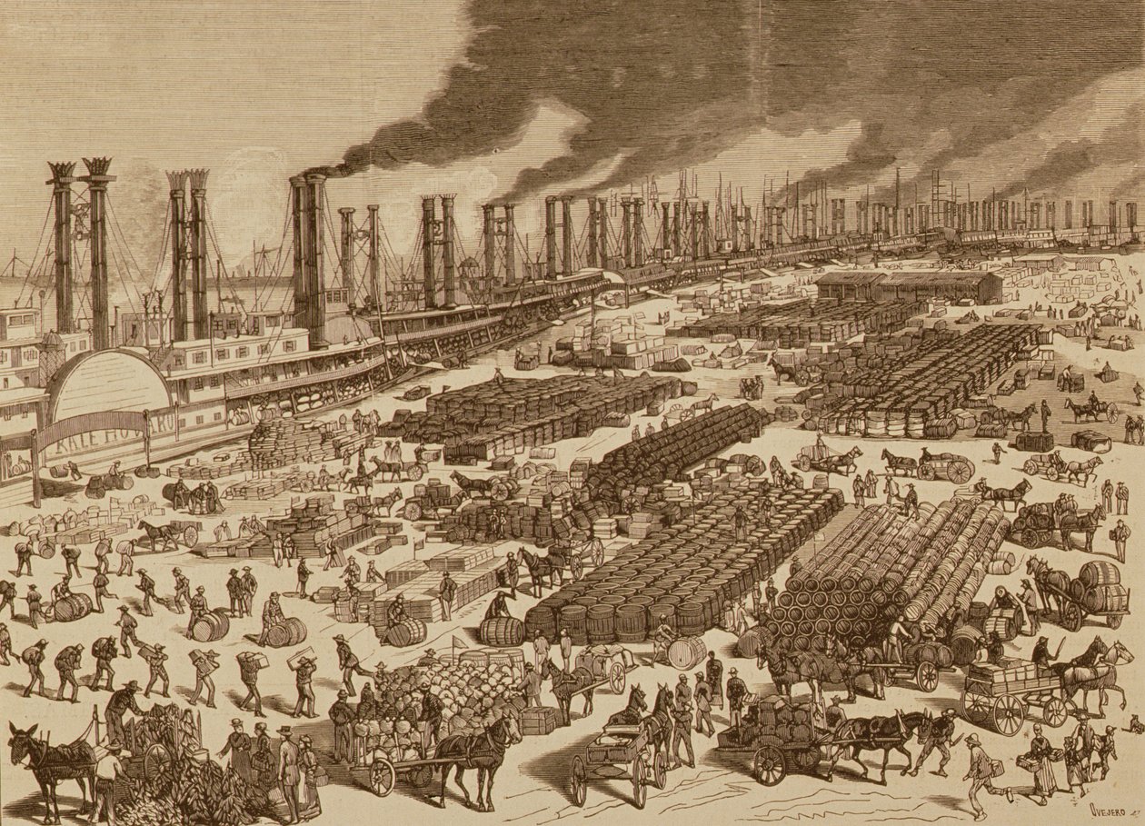 Kommerciel aktivitet og udsigt over kajen i New Orleans i 1880 af Spanish School