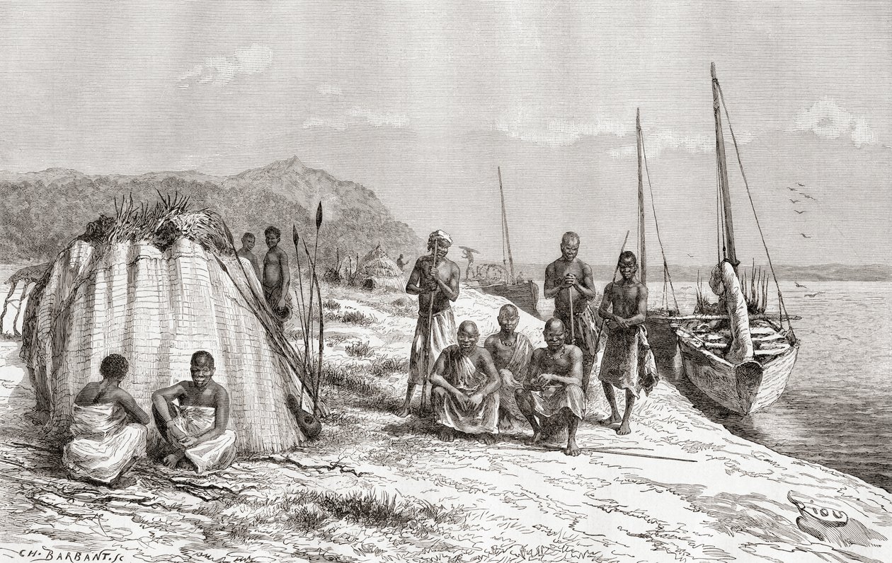 Congolesiske stammefolk ved deres både på Congo-floden i det 19. århundrede, fra 