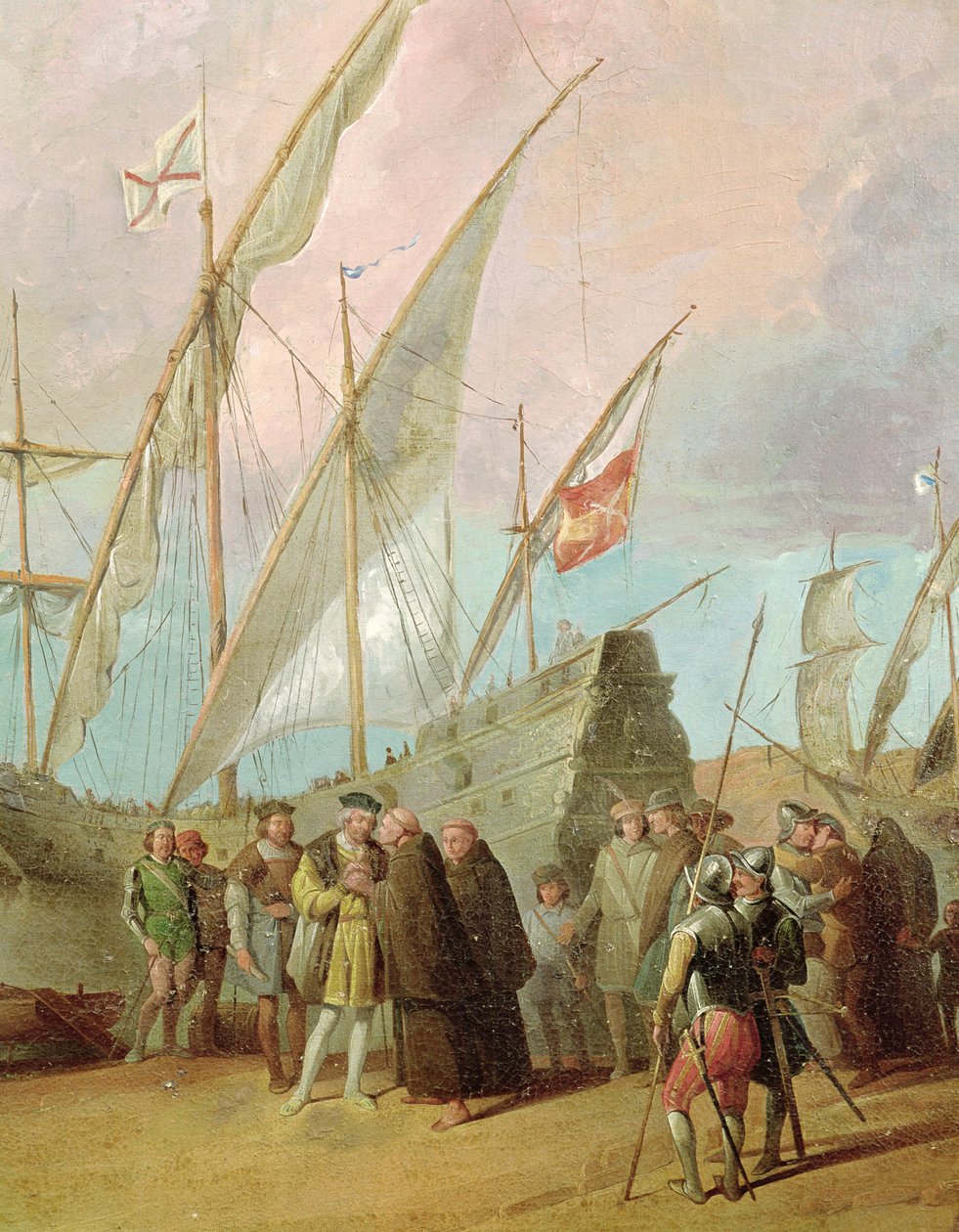 Christopher Columbus (1451-1506) afgang fra Palos, detaljer om den centrale gruppe (se også 161069) af Spanish School