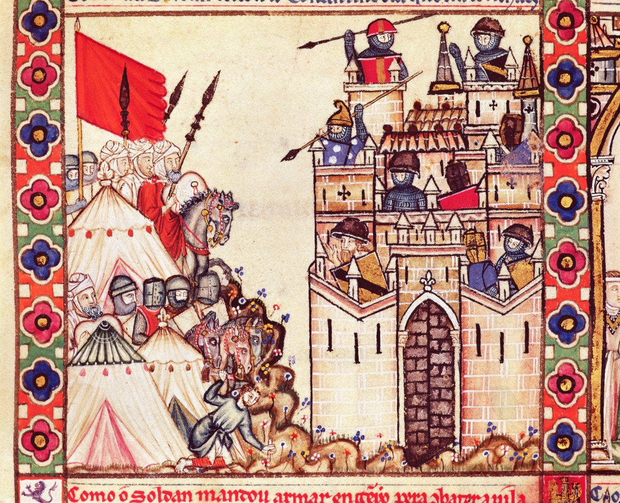 Detalje af Cantiga 28, der forestiller soldater, der omkranser Konstantinopel, som var i hænderne på de kristne, skrevet på galacisk for Alfonso X af Spanish School