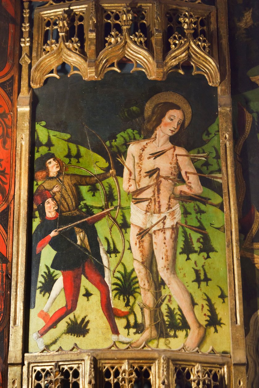 Detalje af en castiliansk skolealtertavle, der viser St. Sebastian af Spanish School