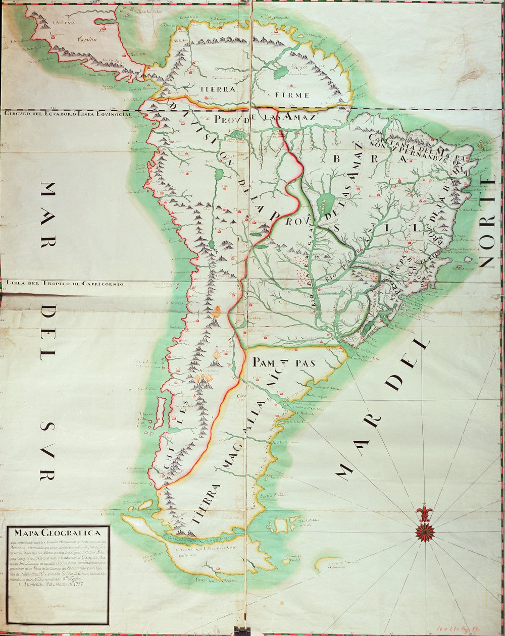 Kort over Sydamerika, 1777 (wc, gouache og pen og blæk på papir) af Spanish School