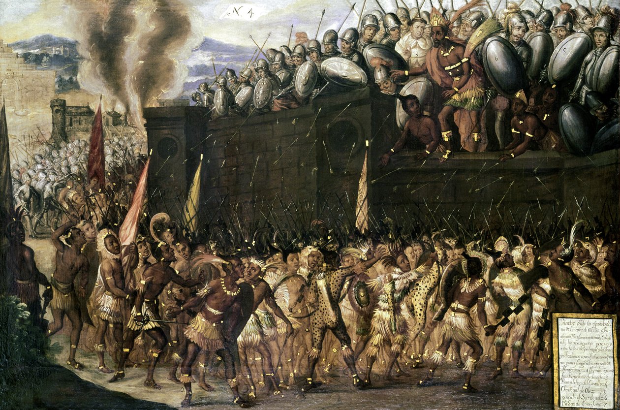 Montezuma (1466-1547), taget til fange af spanierne, bønfalder aztekerne om at overgive sig, da de angriber hans palads i 1520 (panel nr. 4) af Spanish School