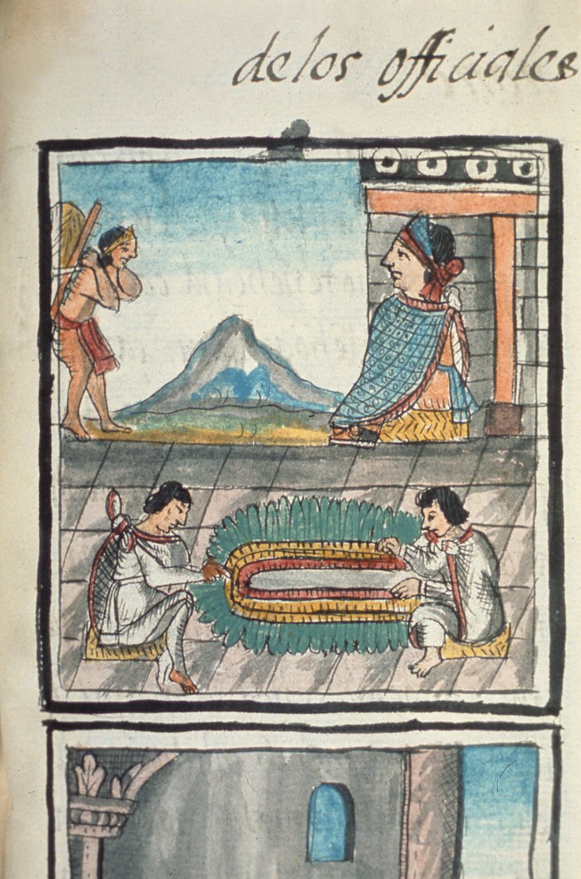 Fru Palat. 218-220 Bog IX Håndværkere fra Palace of Aztec regerer, der laver fjer-headresser, fra en beretning om aztekisk håndværk i det centrale Mexico skrevet og illustreret af Bernardino de Sahagun, spansk af Spanish School