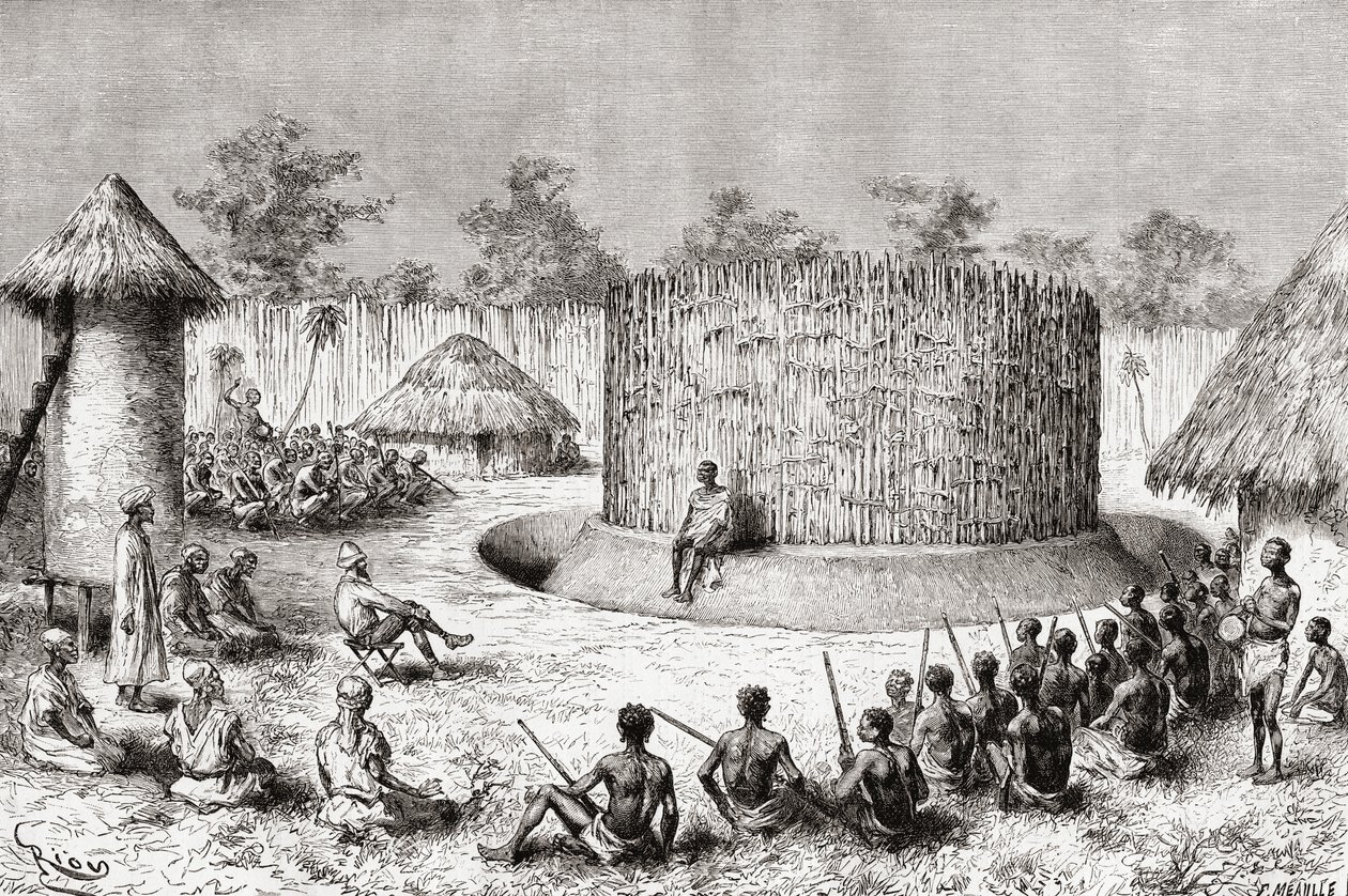 Reception for opdagelsesrejsende Pietro Paolo Savorgnan di Brazza i landsbyen Chief Mkewe, Tanzania, fra "Africa Pintoresca", udgivet i 1888 af Spanish School