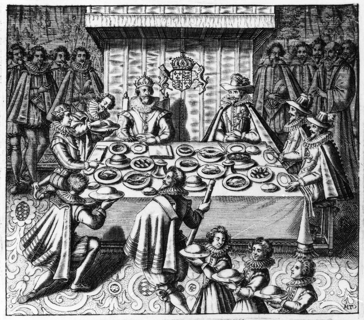 Den spanske ambassadør spiser til middag med kong James I af England, ca.1620-25 af Spanish School