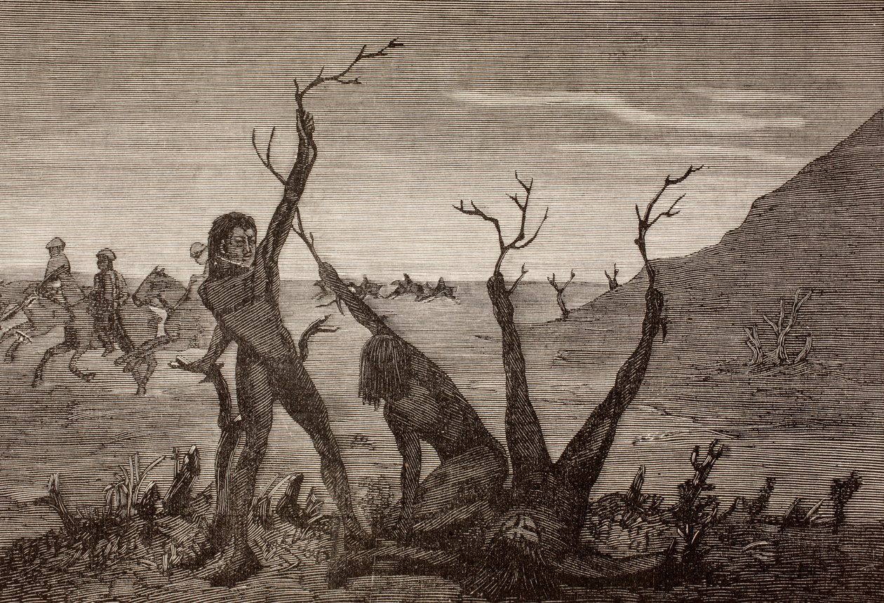 Træmænd i Indien i det 19. århundrede, fra "La Ilustracion Espanola y Americana" fra 1881 af Spanish School