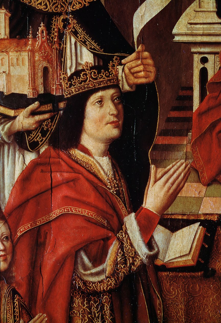 De katolske kongers jomfru, detalje, der viser kong Ferdinand af Spanien (1452-1516) ca. 1490 (se også 60603) af Spanish School