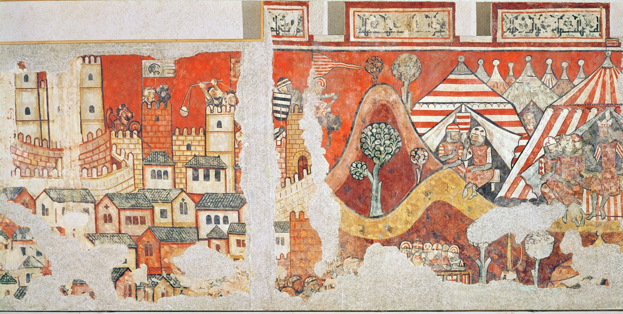 Den kongelige lejr for James I, konge af Aragon under belejringen af Mallorca i 1229, detaljer fra vægmalerierne i Palacio Aguilar, 1280 af Spanish School
