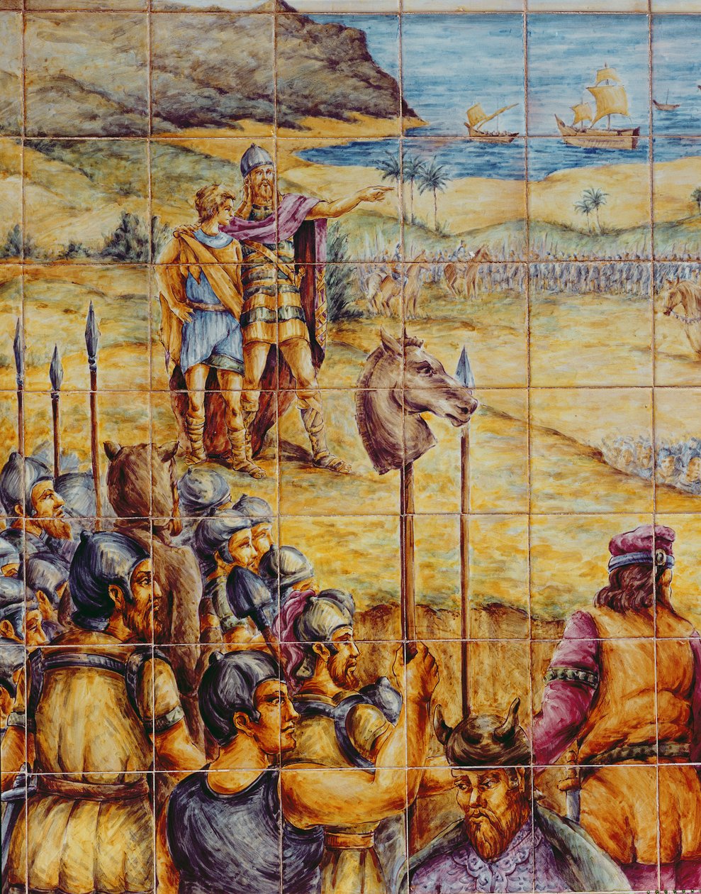 Fliser, der viser landstigningen af Hamilcar og hans søn Hannibal ved Akra Leuce under den første puniske krig af Spanish School