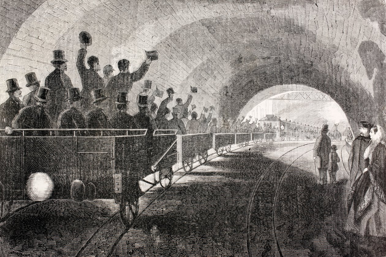 Prøvekørsel af tog i London Underground i 1862, fra 