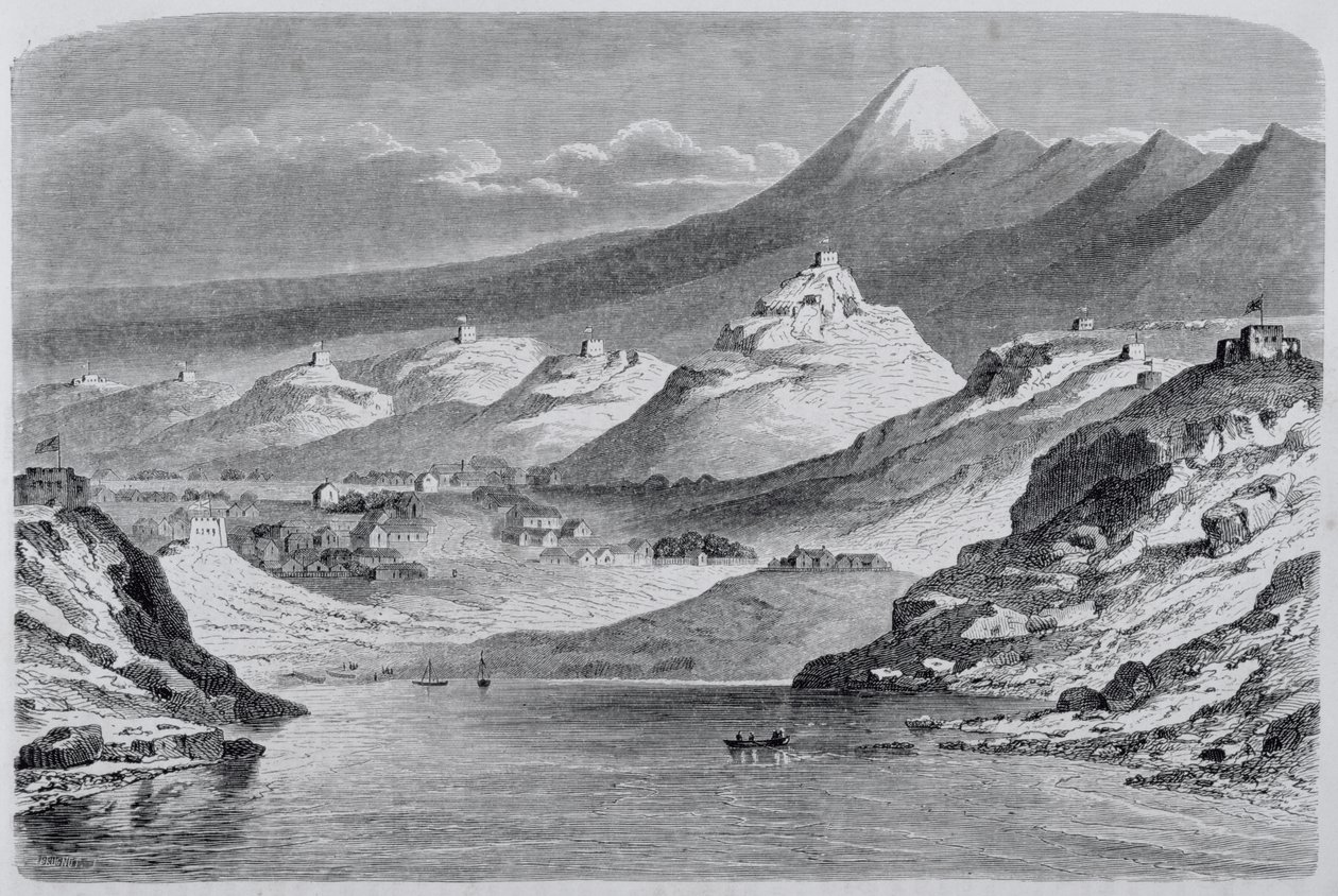 Udsigt over New Plymouth og Mount Egmont, illustration fra The Return to the World, 1865 af Spanish School