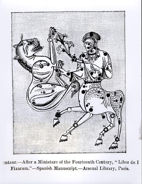 Kentauren, fra Liber de Stellis Fixarum, illustration fra Videnskab og litteratur i middelalderen og renæssancen, skrevet og indgraveret af Paul Lacroix, 1878 af Spanish School