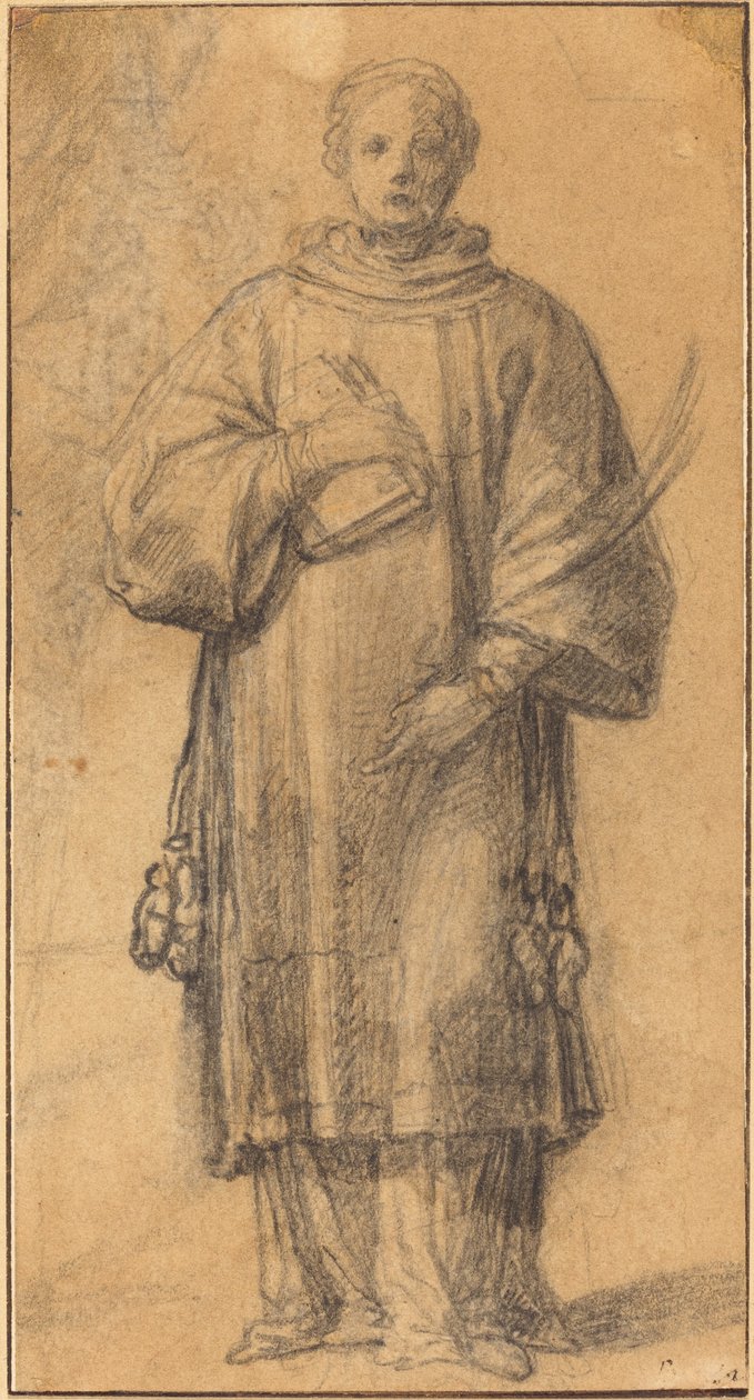 En stående helgen, der holder en bog og et palmeblad af Spanish 17th Century