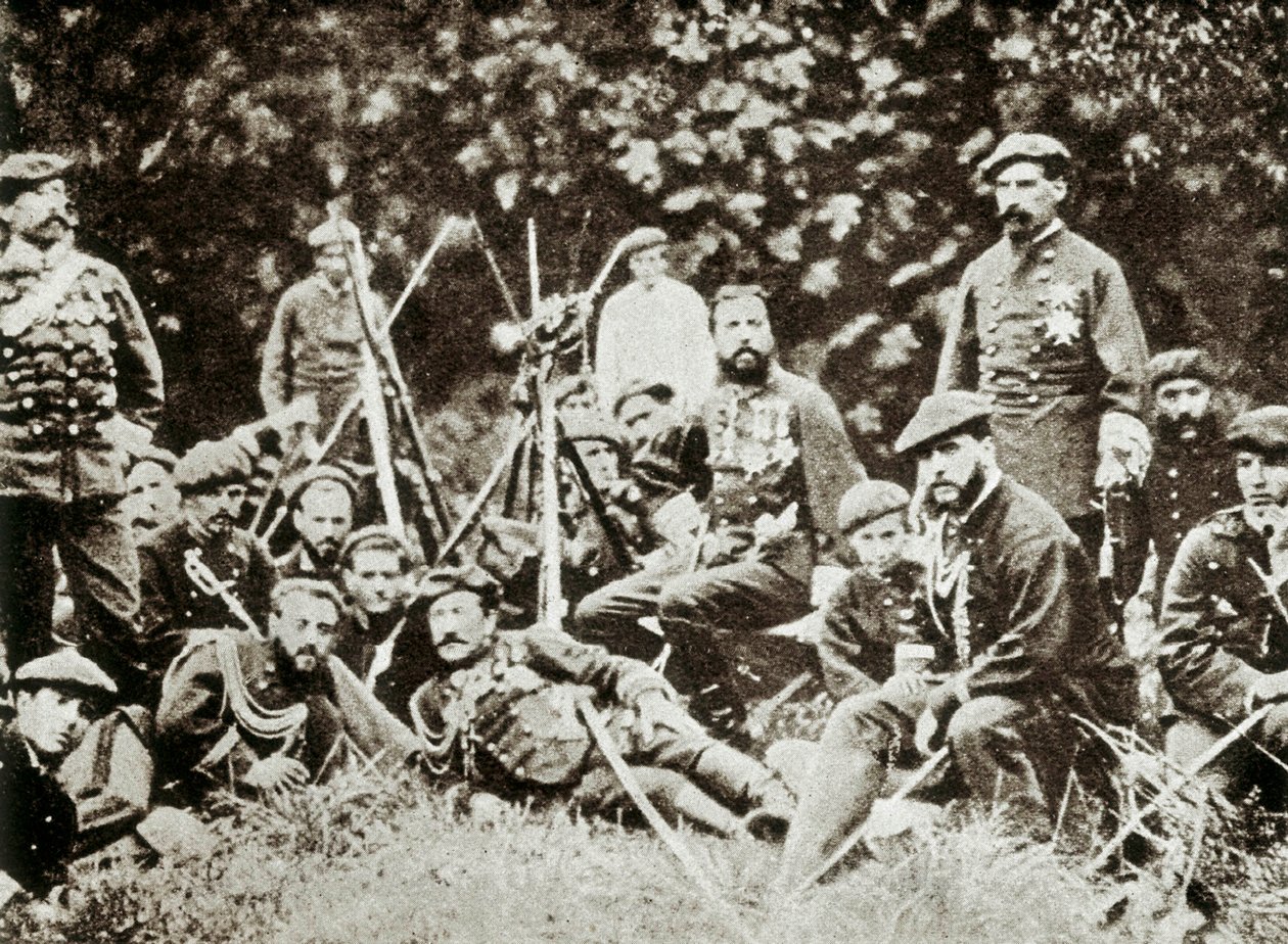 3. Carlistkrig (1872-1876): tronprætendent i Spanien Charles de Bourbon (1848-1909) (Carlos Maria de Borbon y Austria-Este eller Charles VII), hertug af Madrid, omgivet af sine forsvarere. Foto omkring 1872-1876 af Spanish Photographer