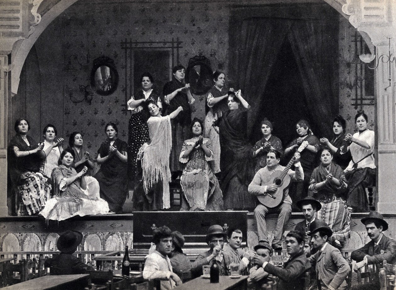 Sevilla, Spanien, danse- og flamencomusikscene i en café. Fotografi, slutningen af det 19. århundrede, af Spanish Photographer