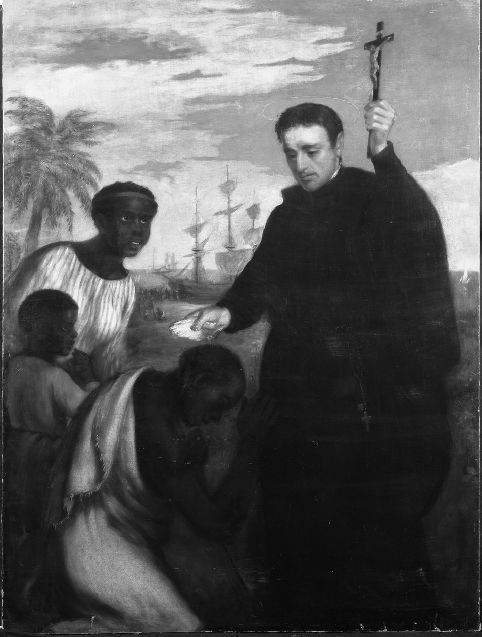 En jesuitermissionær, måske Manuel de Nobrega eller Peter Claver, Baptizing Blacks (olie på lærred) af Spanish School